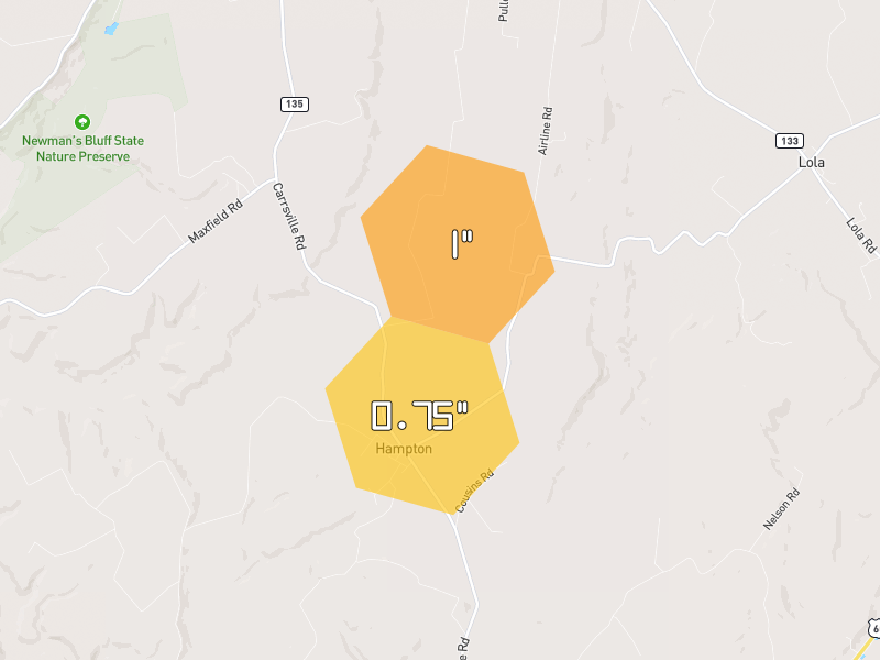 Hail map of Hampton, KY on Jun 27, 2026, hail up to 1"