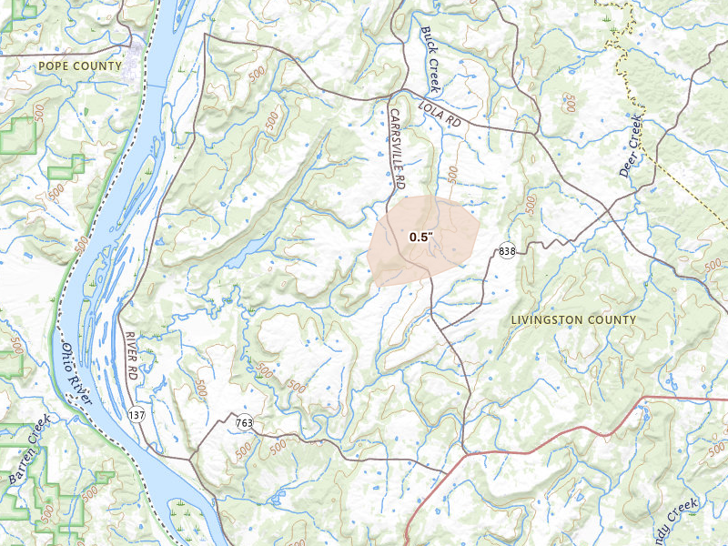 Radar-estimated hail-size map of the storm over Hampton, KY on Jul 5, 2026