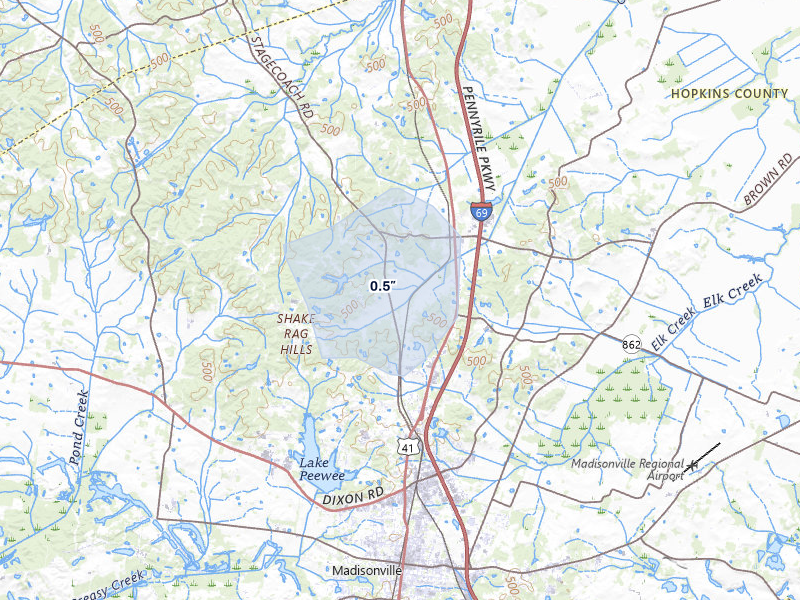 NEXRAD radar-signature map of the hail over Hanson, KY