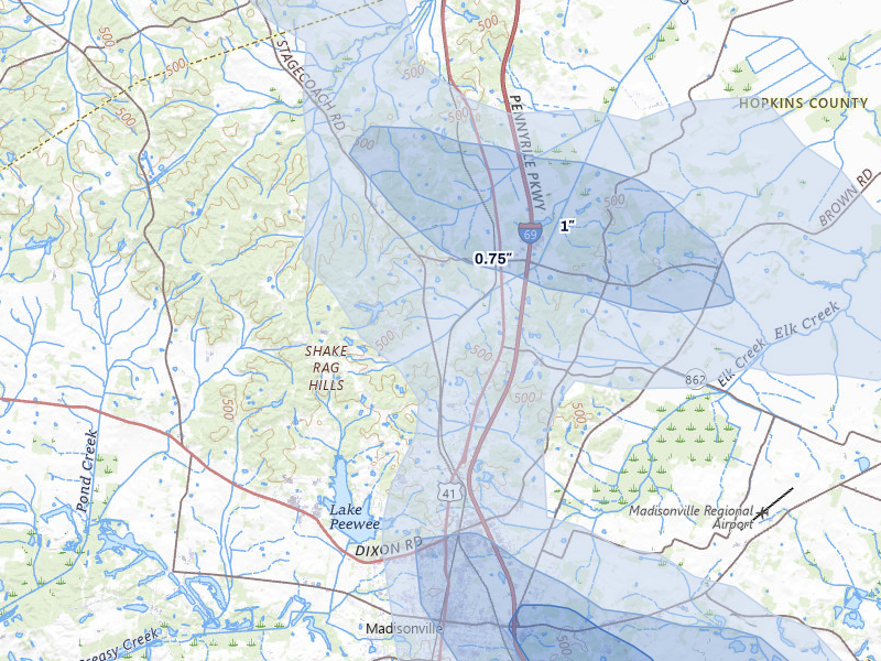NEXRAD radar-signature map of the hail over Hanson, KY