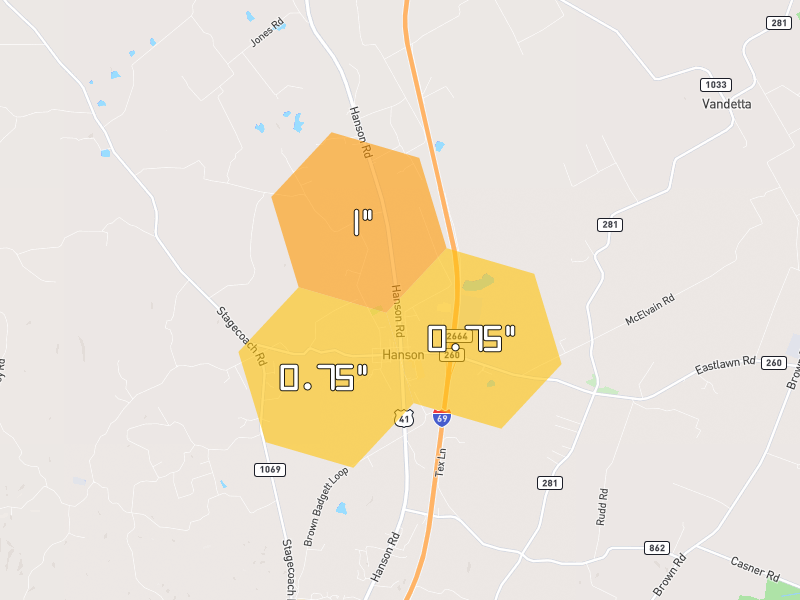 Hail map of Hanson, KY on Jul 21, 2026, hail up to 1"