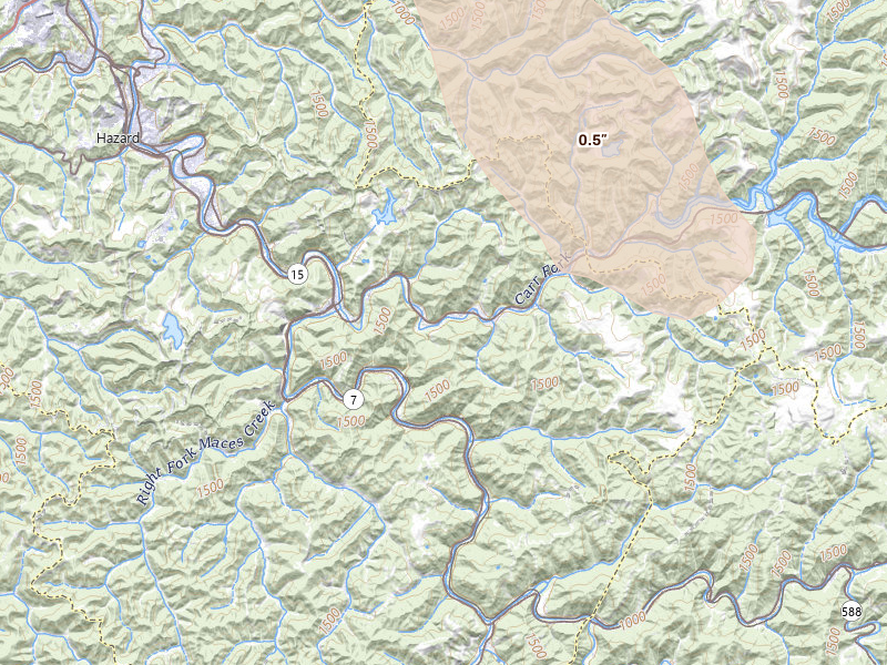Radar-estimated hail-size map of the storm over Happy, KY on Jul 28, 2026