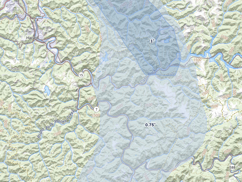 NEXRAD radar-signature map of the hail storm over Happy, KY on Jul 28, 2026