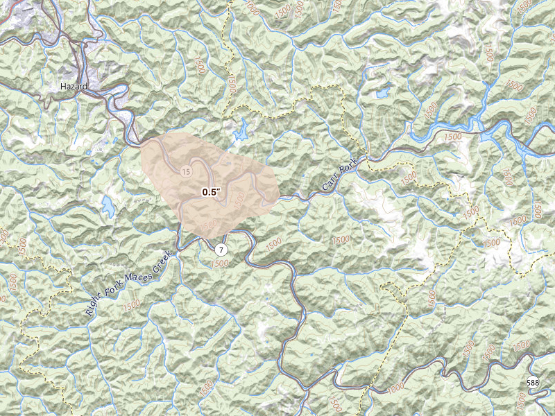 Radar-estimated hail-size map of the storm over Happy, KY on Aug 11, 2026