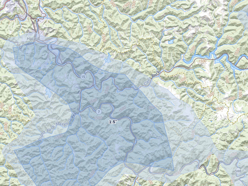 NEXRAD radar-signature map of the hail storm over Happy, KY on Aug 11, 2026