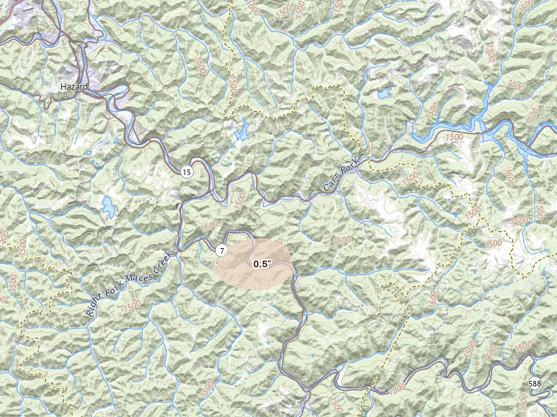 Radar-estimated hail-size map of the storm over Happy, KY on Aug 13, 2026