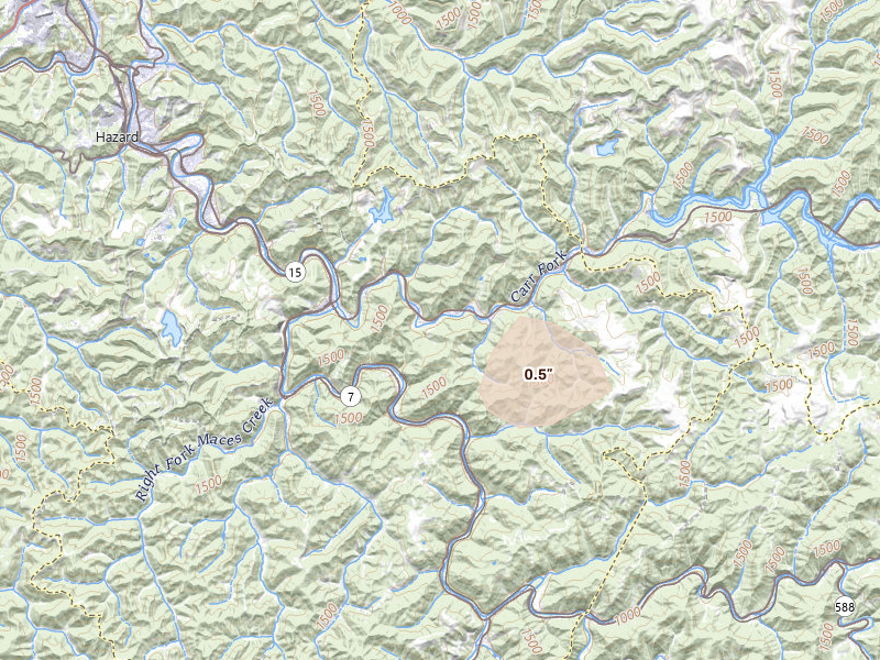Radar-estimated hail-size map of the storm over Happy, KY on Sep 4, 2026
