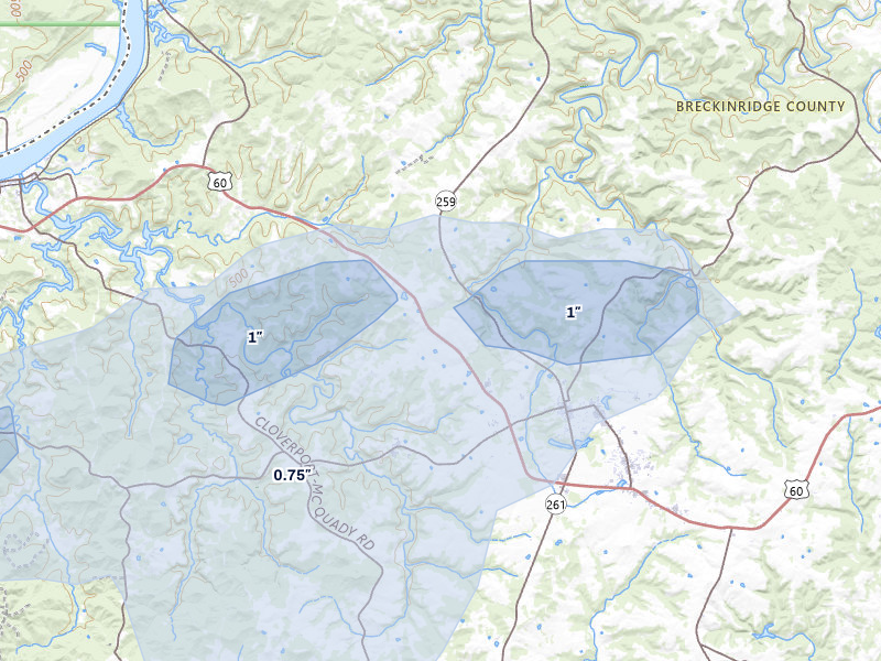 NEXRAD radar-signature map of the hail over Hardinsburg, KY