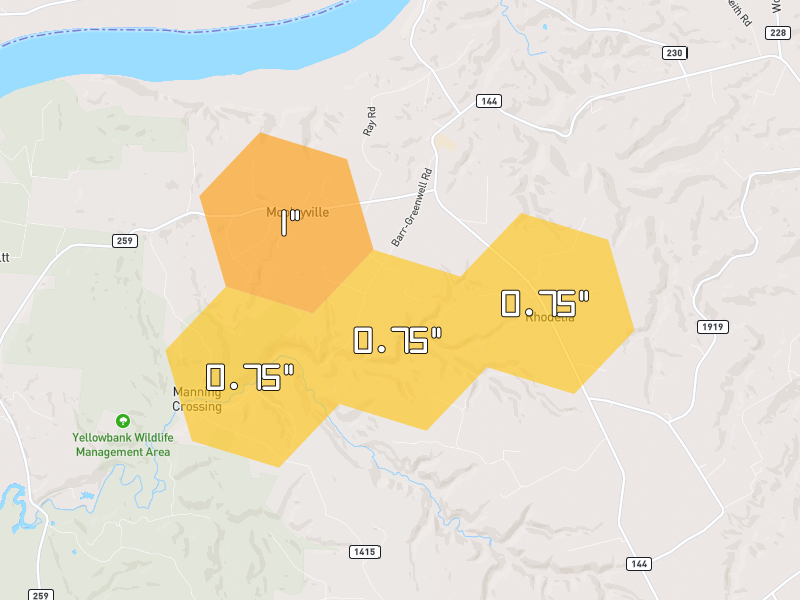 Hail map of Hardinsburg, KY on Jul 9, 2026, hail up to 1"