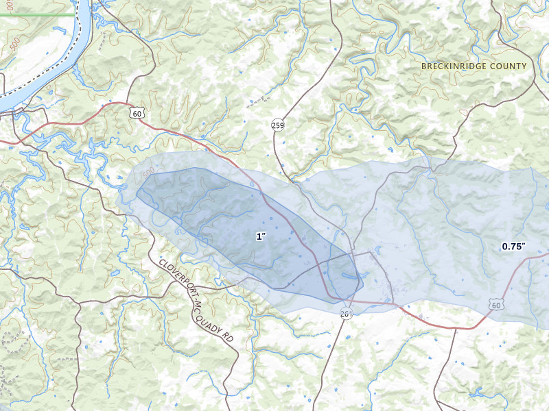 NEXRAD radar-signature map of the hail over Hardinsburg, KY