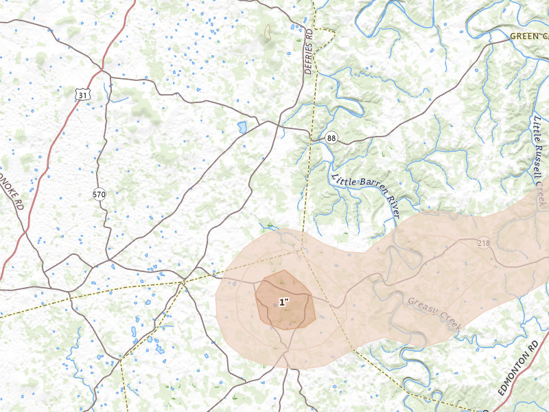 Radar-estimated hail-size map of the storm over Hardyville, KY on Jul 4, 2026