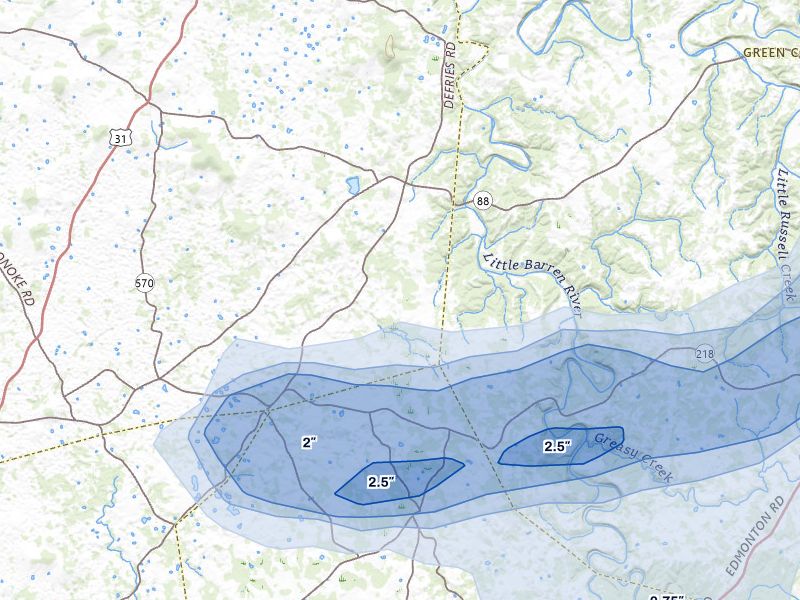 NEXRAD radar-signature map of the hail over Hardyville, KY