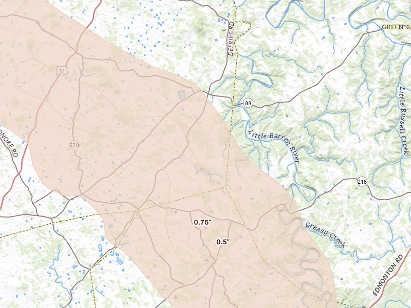 Radar-estimated hail-size map of the storm over Hardyville, KY on Jul 21, 2026