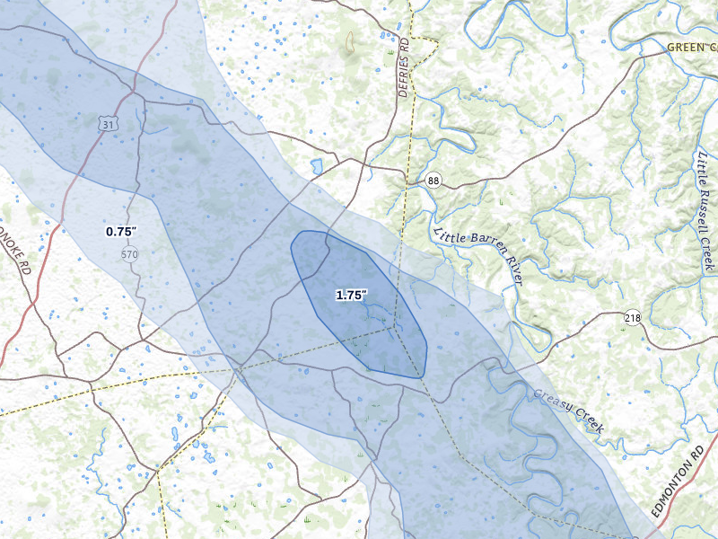 NEXRAD radar-signature map of the hail over Hardyville, KY