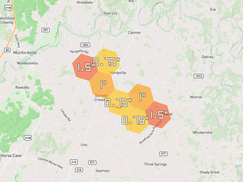Hail map of Hardyville, KY on Jul 21, 2026, hail up to 1.5"