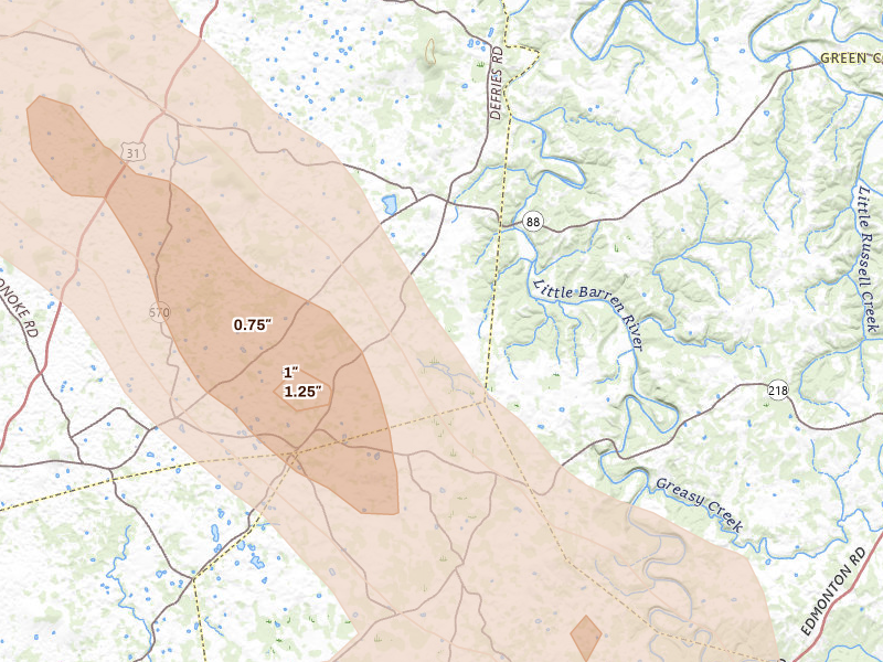 Radar-estimated hail-size map of the storm over Hardyville, KY on Aug 22, 2026