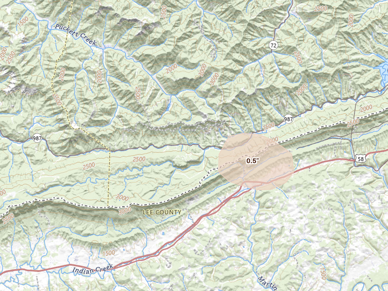Radar-estimated hail-size map of the storm over Harlan, KY on Sep 4, 2026