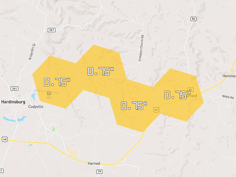 Hail map of Harned, KY on Jul 21, 2026, hail up to 0.75"