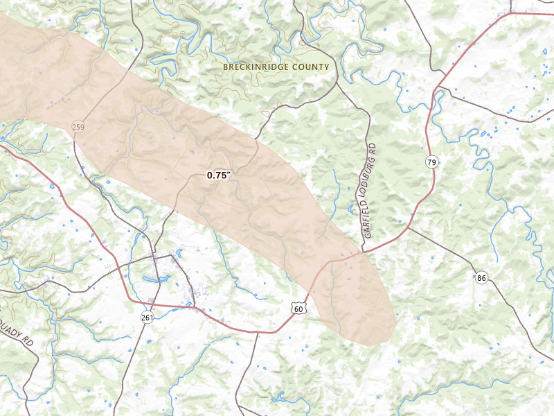 Radar-estimated hail-size map of the storm over Harned, KY on Aug 12, 2026