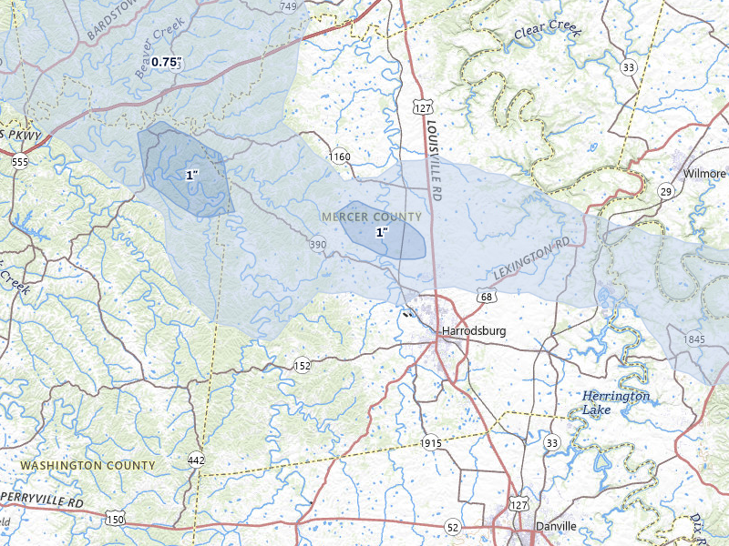 NEXRAD radar-signature map of the hail over Harrodsburg, KY