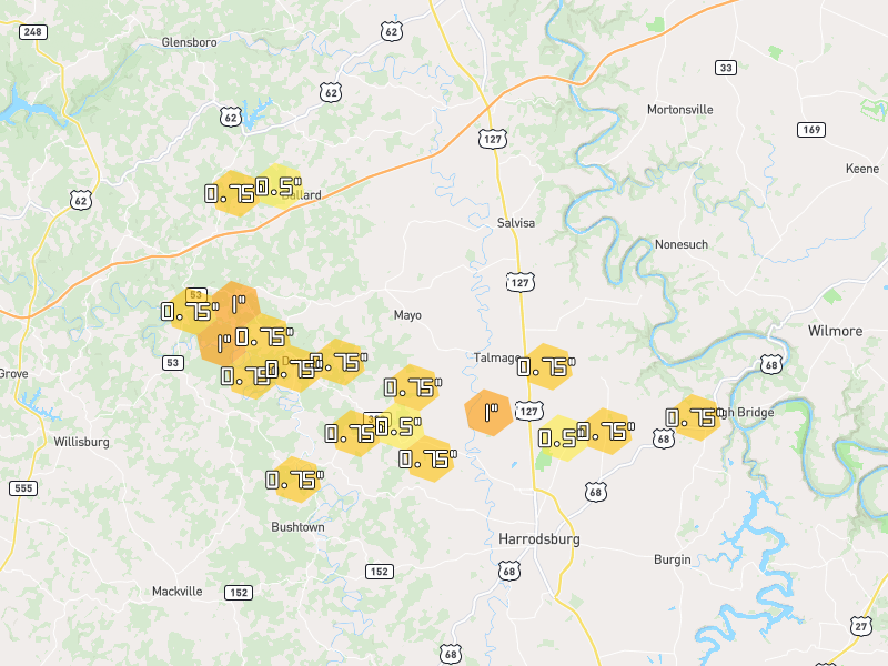 Hail map of Harrodsburg, KY on Jul 21, 2026, hail up to 1"