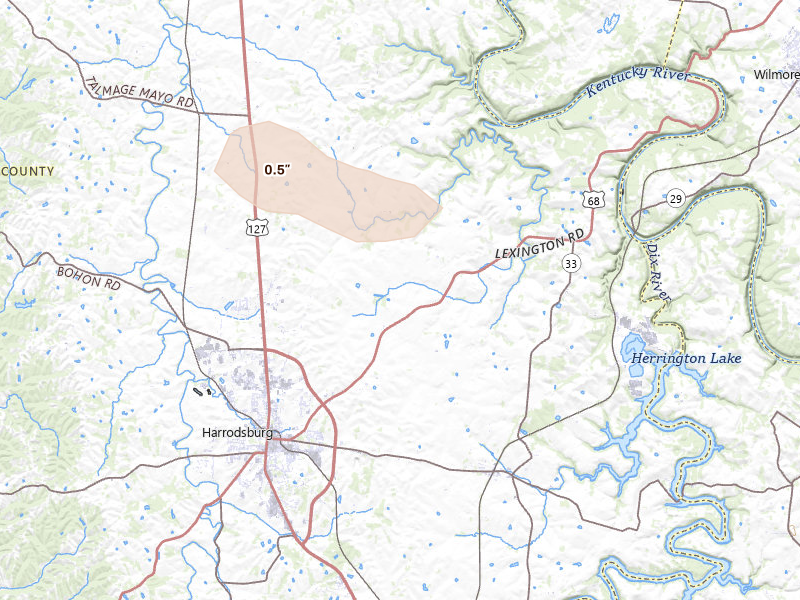 Radar-estimated hail-size map of the storm over Harrodsburg, KY on Aug 22, 2026