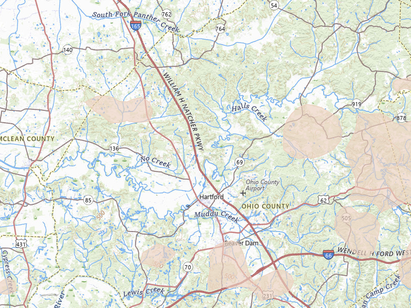 Radar-estimated hail-size map of the storm over Hartford, KY on Apr 27, 2026