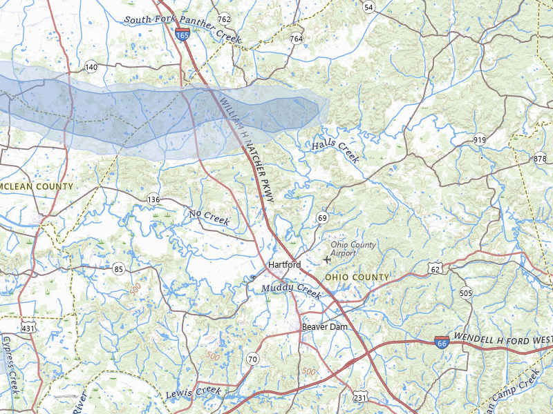 NEXRAD radar-signature map of the hail over Hartford, KY
