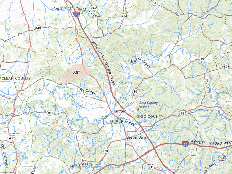 Radar-estimated hail-size map of the storm over Hartford, KY on Jun 27, 2026