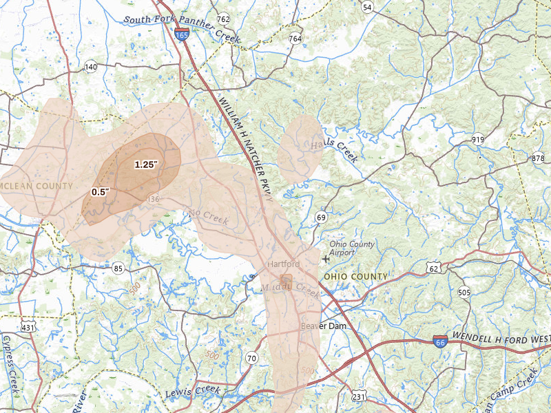 Radar-estimated hail-size map of the storm over Hartford, KY on Jul 3, 2026