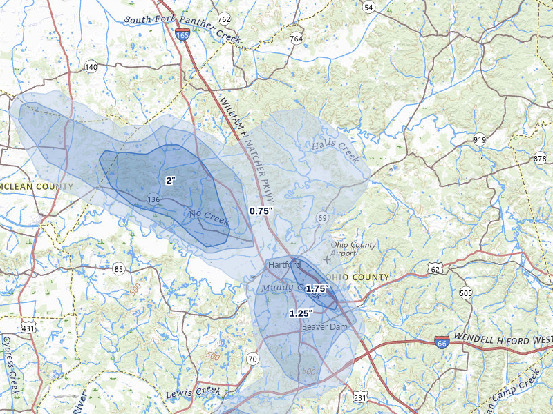 NEXRAD radar-signature map of the hail storm over Hartford, KY on Jul 3, 2026