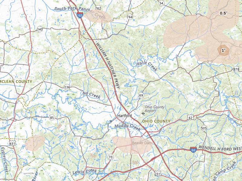 Radar-estimated hail-size map of the storm over Hartford, KY on Jul 9, 2026