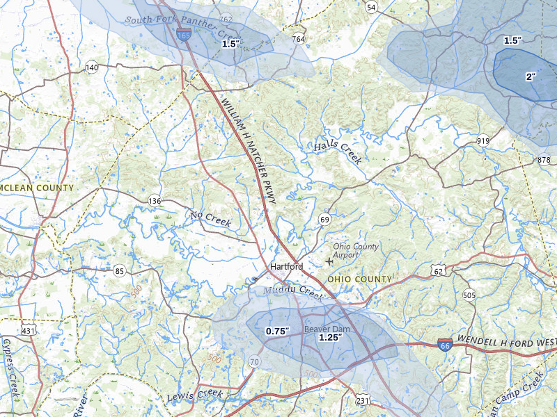 NEXRAD radar-signature map of the hail storm over Hartford, KY on Jul 9, 2026