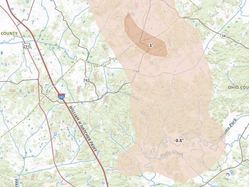 Radar-estimated hail-size map of the storm over Hartford, KY on Aug 12, 2026