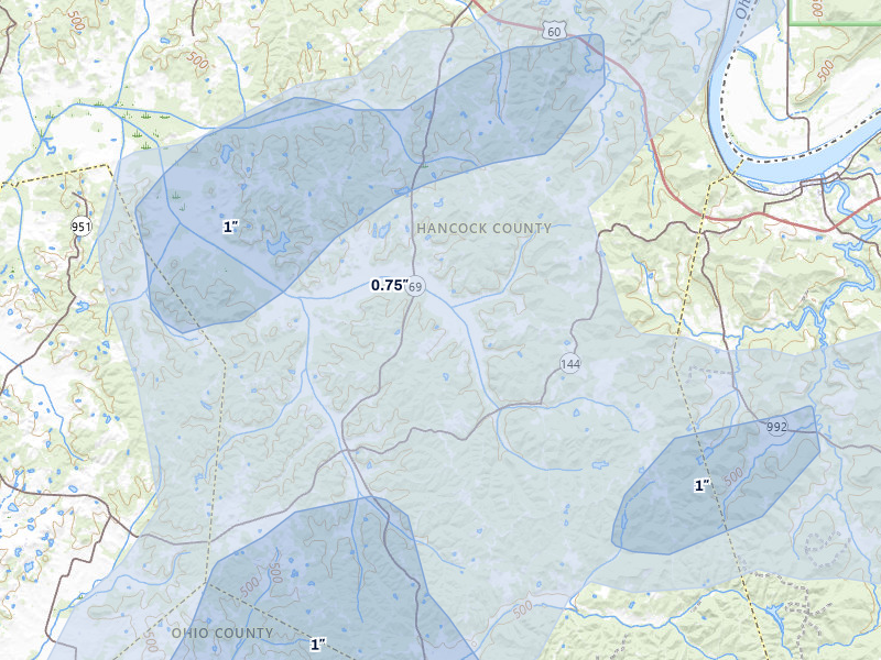 NEXRAD radar-signature map of the hail over Hawesville, KY