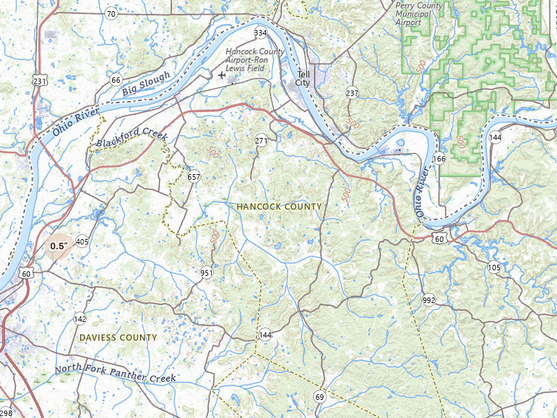 Radar-estimated hail-size map of the storm over Hawesville, KY on Jul 3, 2026