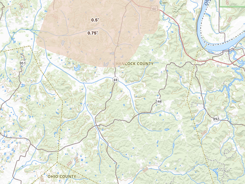 Radar-estimated hail-size map of the storm over Hawesville, KY on Jul 9, 2026