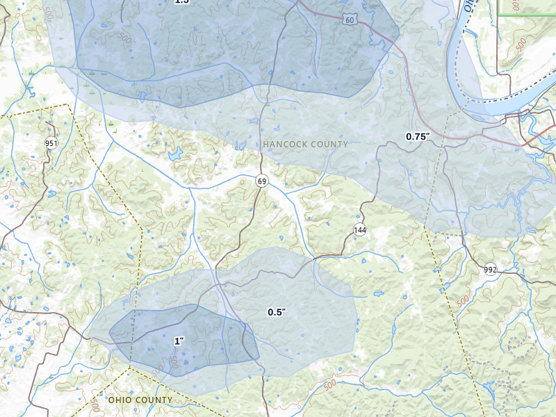 NEXRAD radar-signature map of the hail storm over Hawesville, KY on Jul 9, 2026