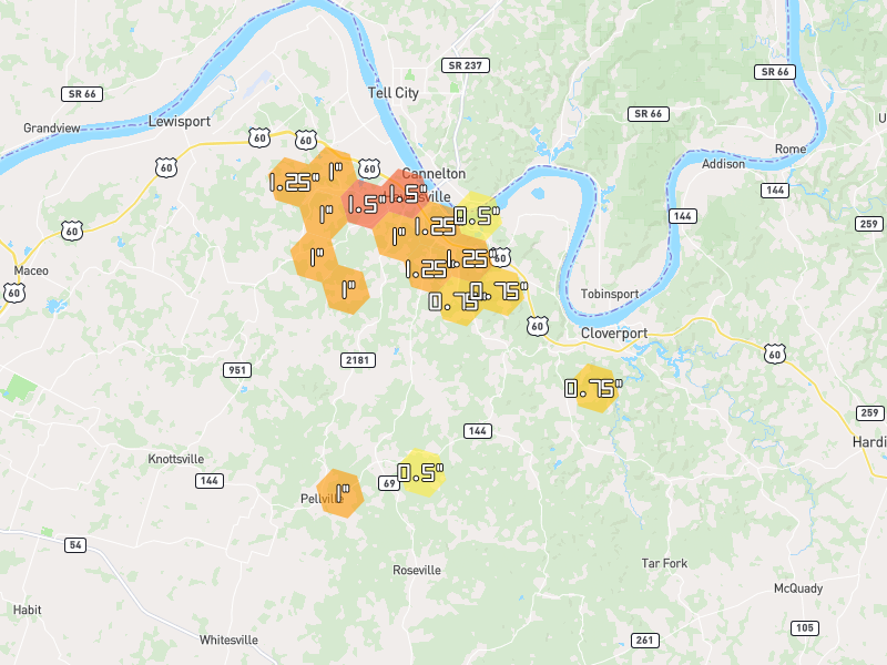 Hail map of Hawesville, KY on Jul 10, 2026, hail up to 1.5"