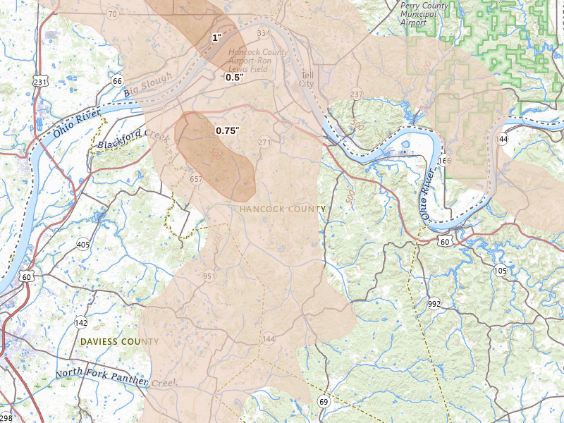 Radar-estimated hail-size map of the storm over Hawesville, KY on Aug 12, 2026