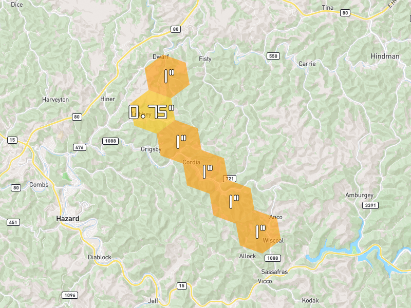 Hail map of Hazard, KY on Jul 28, 2026, hail up to 1"