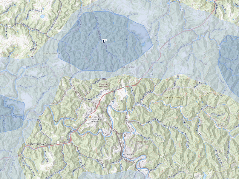 NEXRAD radar-signature map of the hail storm over Hazard, KY on Aug 22, 2026