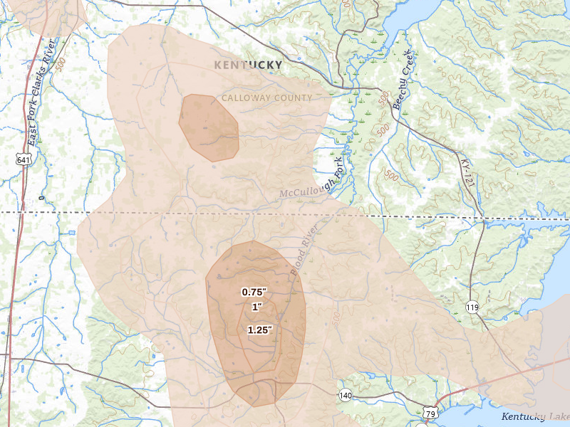 Radar-estimated hail-size map of the storm over Hazel, KY on Jul 2, 2026