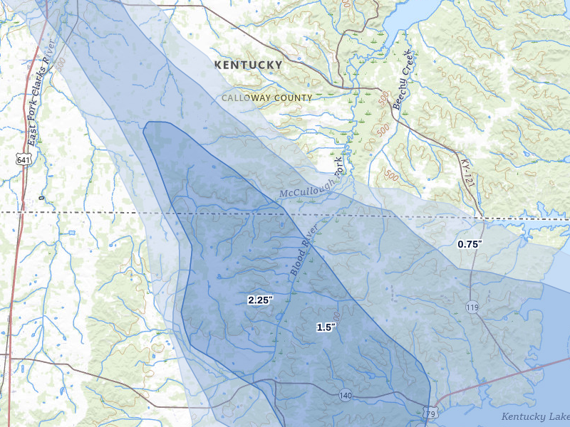 NEXRAD radar-signature map of the hail storm over Hazel, KY on Jul 2, 2026