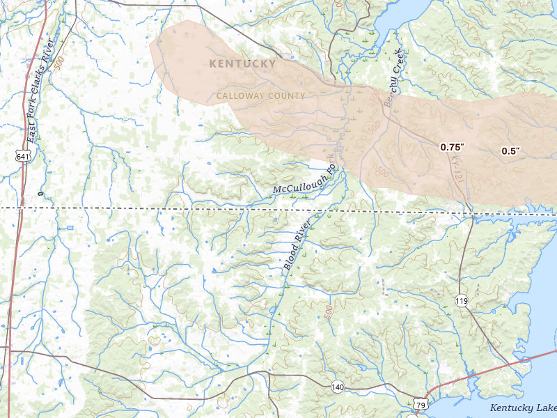 Radar-estimated hail-size map of the storm over Hazel, KY on Jul 21, 2026