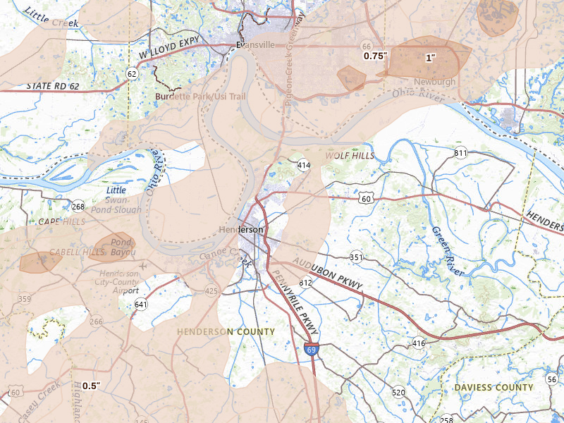 Radar-estimated hail-size map of the storm over Henderson, KY on Apr 27, 2026