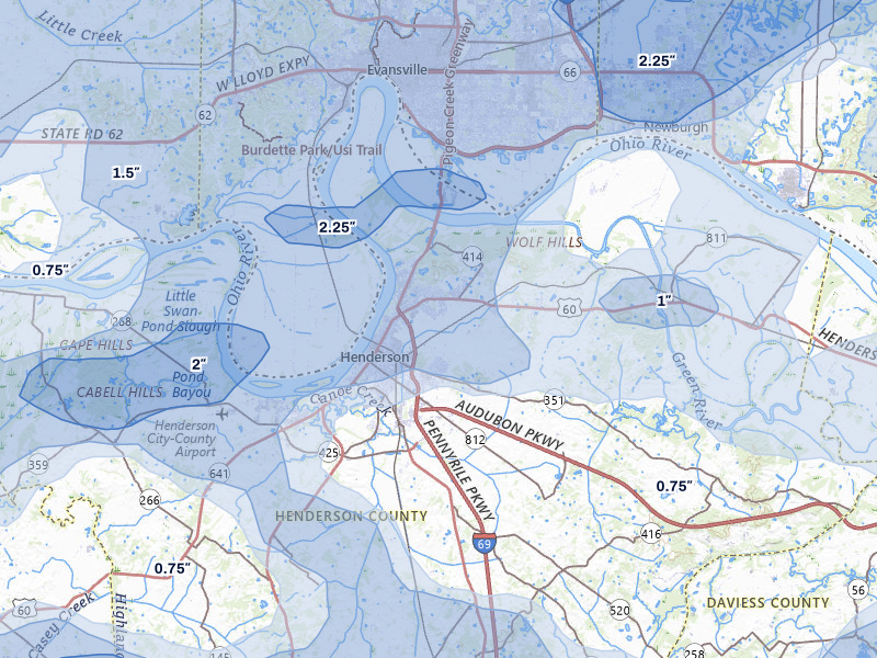NEXRAD radar-signature map of the hail over Henderson, KY