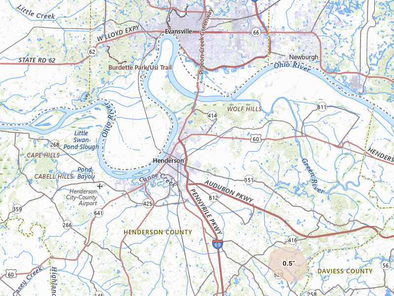 Radar-estimated hail-size map of the storm over Henderson, KY on Jul 2, 2026