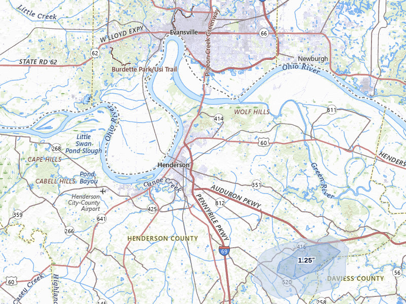 NEXRAD radar-signature map of the hail over Henderson, KY