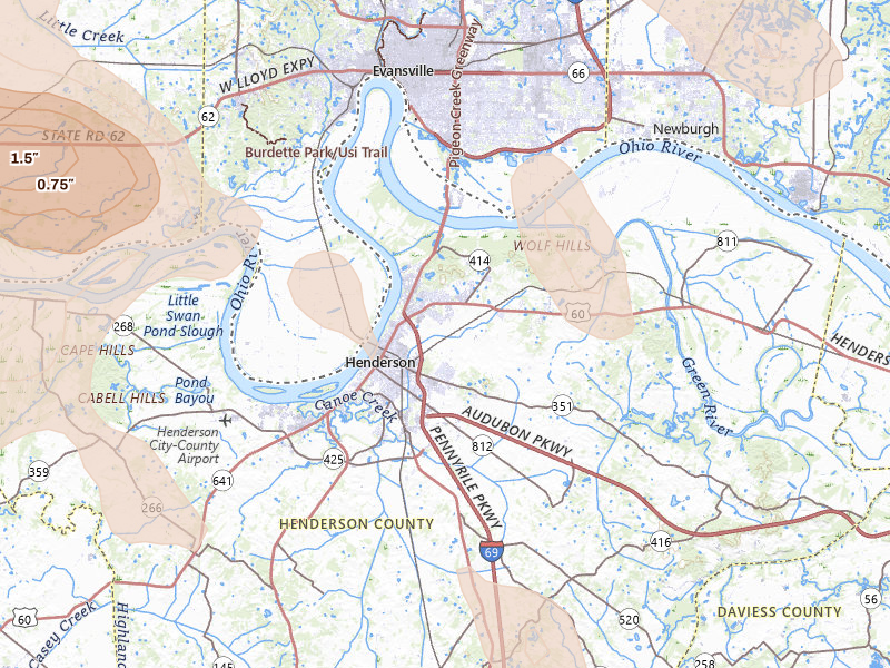 Radar-estimated hail-size map of the storm over Henderson, KY on Jul 26, 2026